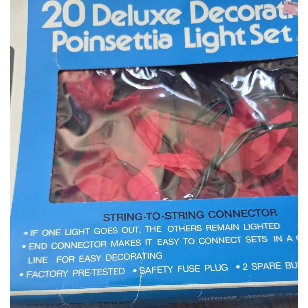 Joy Brite 20 Deluxe Decorative Silk Poinsettia Red Light Set Original Box